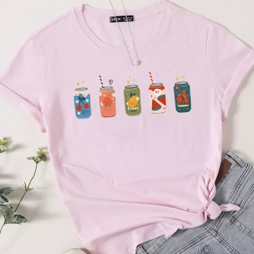 SHEIN Lavender K-Pop Style Graphic Tee Cute Beverage Lineup size XS - S